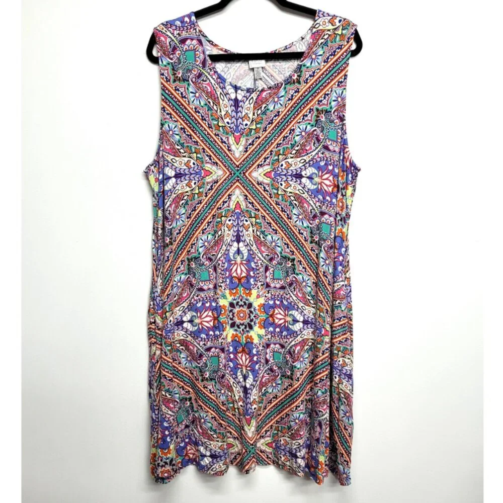 Cupio Curvy Multi Color Paisley Floral Tank Swing Dress 2X